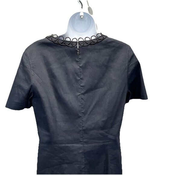 Elie Tahari Loretta Linen Sheath Dress Size 6 Navy Blend Scallop V-Neck Classy - Picture 6 of 15